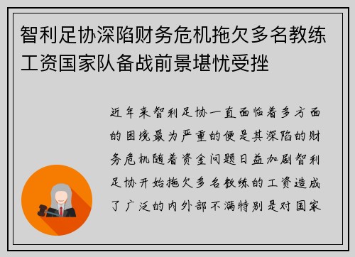 智利足协深陷财务危机拖欠多名教练工资国家队备战前景堪忧受挫 智利足协深陷财务危机拖欠多名教练工资国家队备战前景堪忧受挫