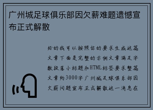 广州城足球俱乐部因欠薪难题遗憾宣布正式解散